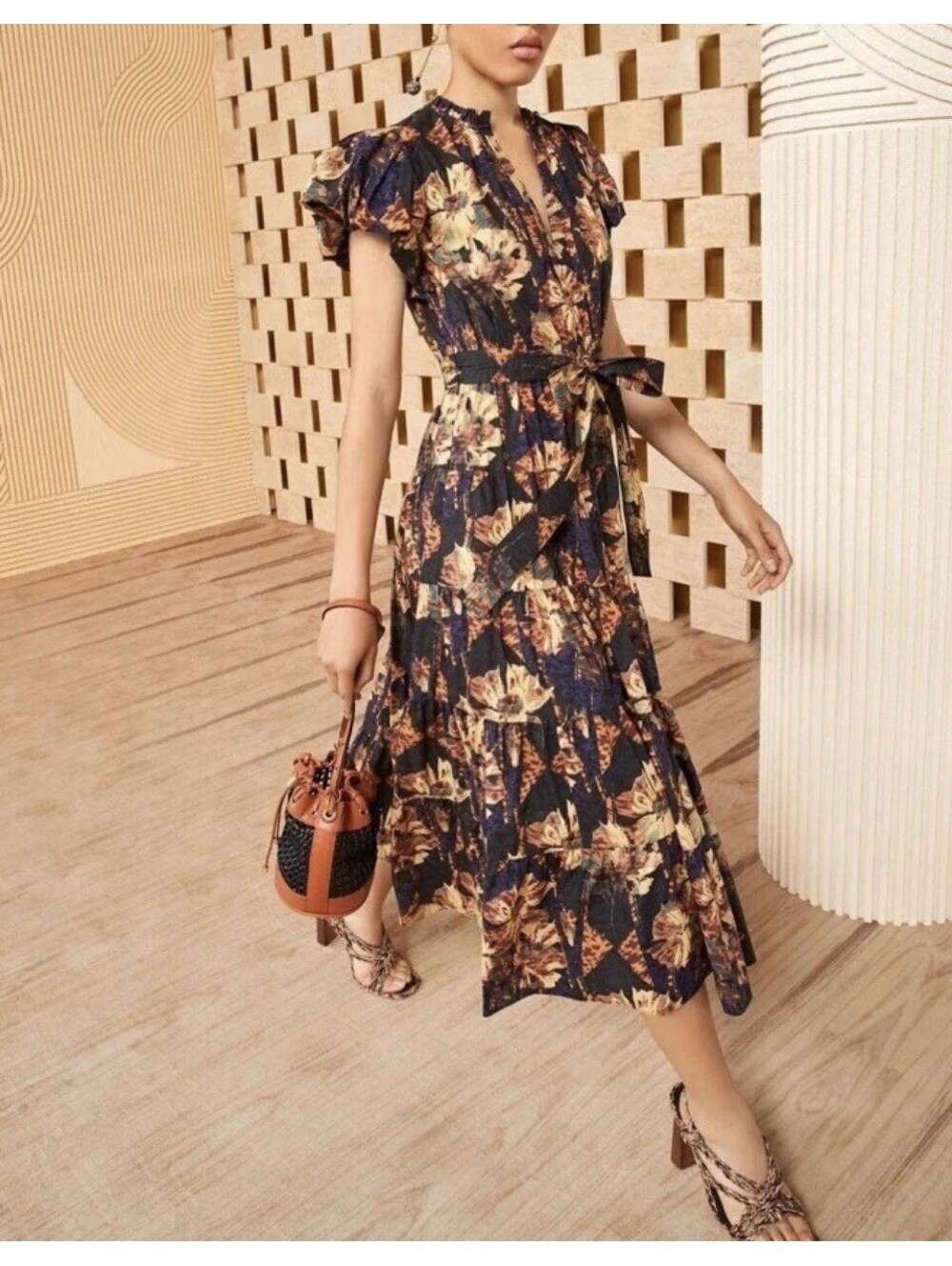 Ulla Johnson Ottilie Dress 10 Lupine Cotton Floral Tiered Midi Ruffle Black Gold